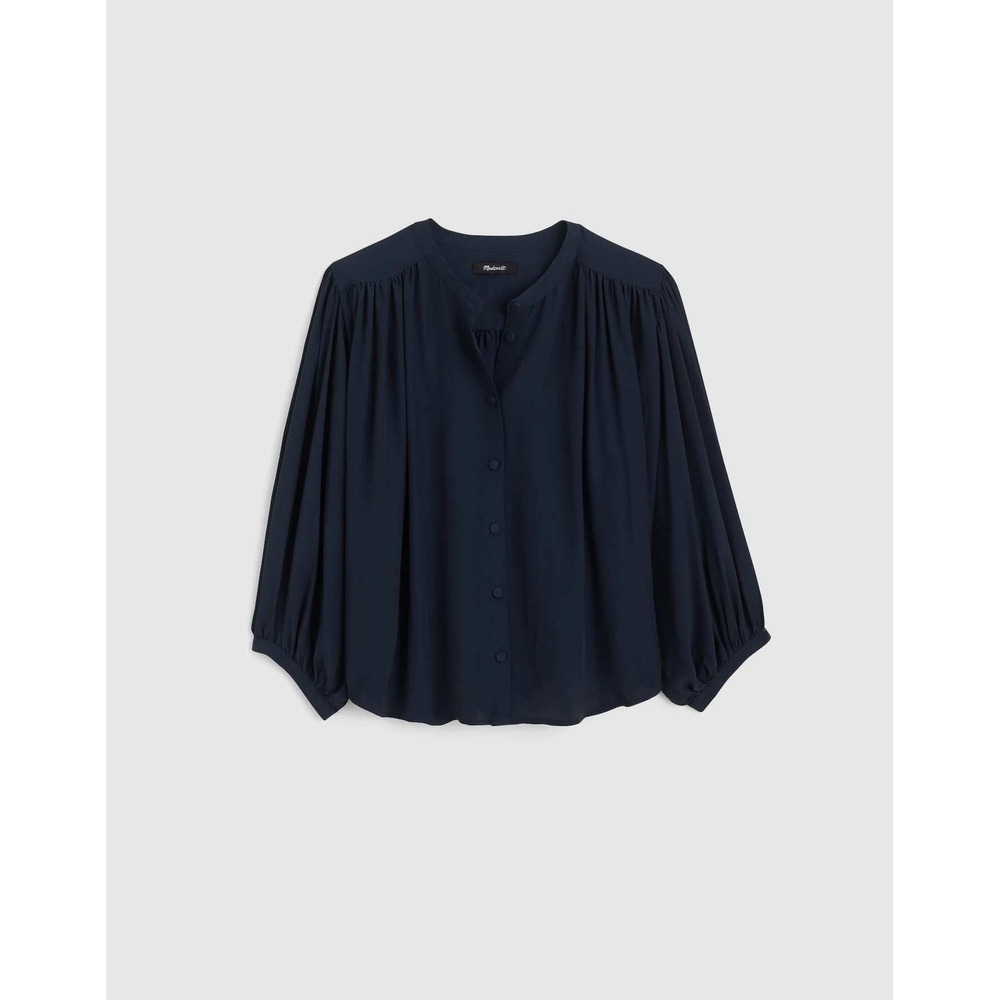 Madewell Shirred Crewneck Button-Up Top Classic‎ Navy Blue XL NWT
